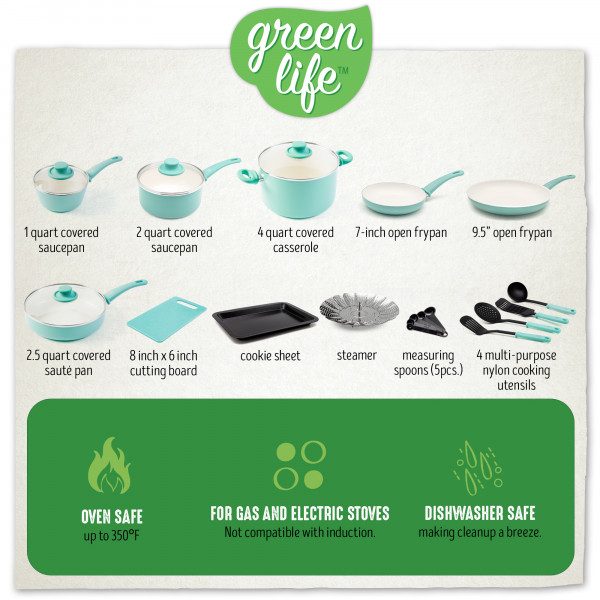 GreenLife Soft Grip Absolutely Toxin-Free Healthy Ceramic Non-stick Cookware Set, 18-Piece Set