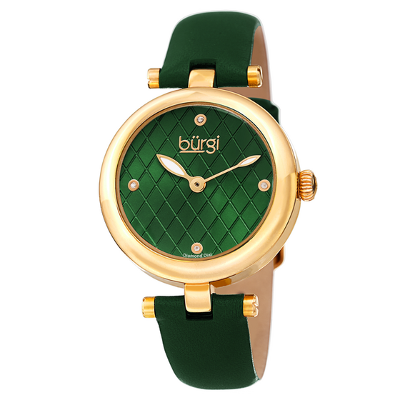 BURGI Quartz Diamond Green Dial Green Leather Ladies Watch