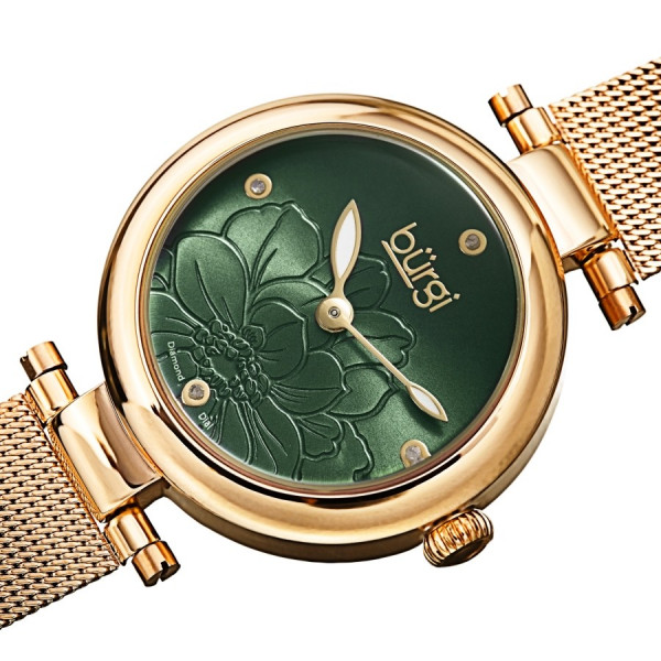 BURGI Flower Marker Quartz Diamond Green Dial Ladies Watch